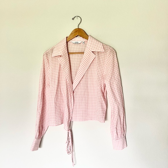 & Other Stories Seersucker Pink White Gingham Wrap Blouse - Picture 6 of 9